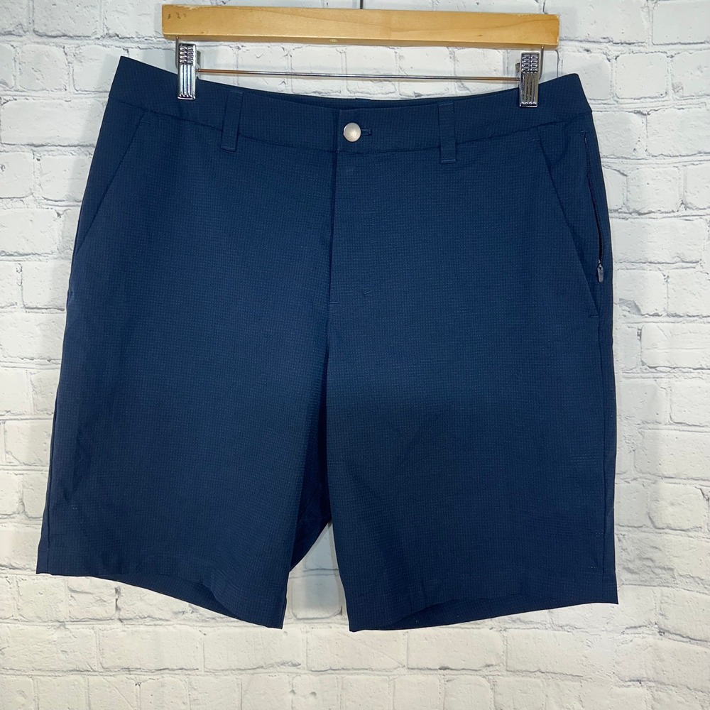 Lululemon ABC Classic Fit Shorts 9 Mens 33 Navy Blue Grid LM7BGVS FLAW